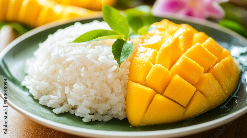 Mango sticky rice on a white plate Mango sticky rice on a white plate