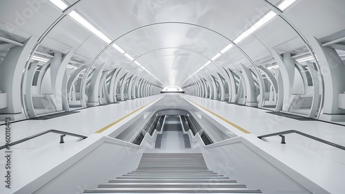 White metro subway underground tunnel interior with stairs. Transport concept. 3D Rendering