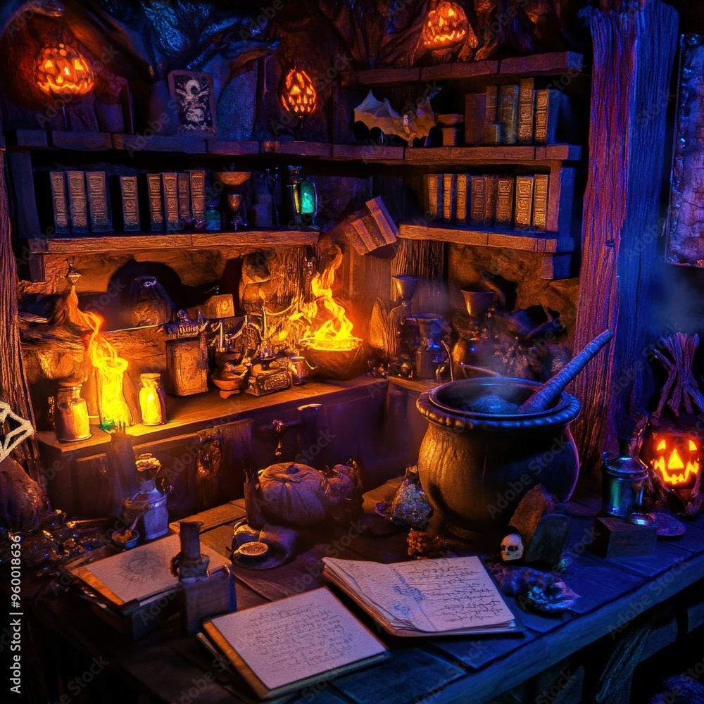 A mystical potion-making scene adorned with glowing pumpkins, ancient books, and bubbling cauldrons, perfect for Halloween themes. A mystical potion-making scene adorned with glowing pumpkins, ancient books, and bubbling cauldrons, perfect for Halloween themes.