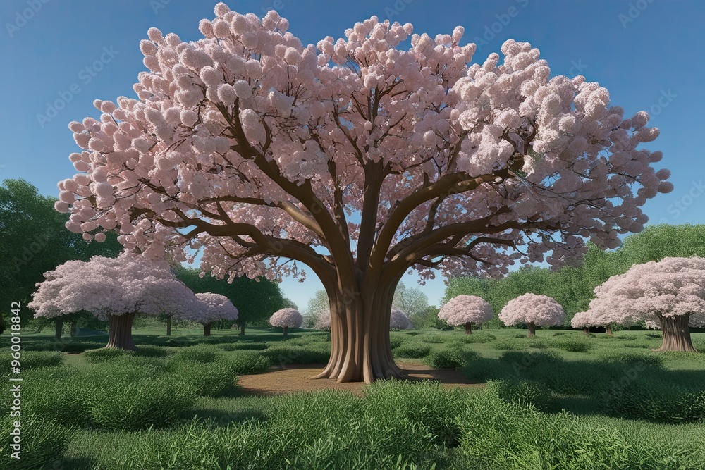 Lofty hardwood trees in full bloom showcased on a 3D model for natural scenery Lofty hardwood trees in full bloom showcased on a 3D model for natural scenery
