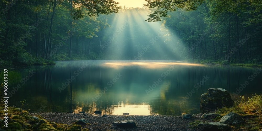 Sunbeams Piercing Through Fog Over a Forest Pond Sunbeams Piercing Through Fog Over a Forest Pond