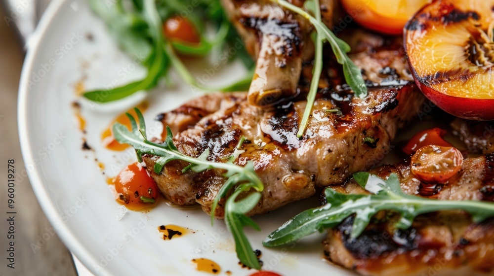 A plate of grilled meat and vegetables, including grilled chicken, tomatoes