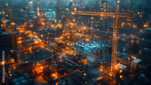 Advanced construction site with an excavator, dump truck, and cranes, featuring holographic progress and safety displays, representing high-tech construction management.