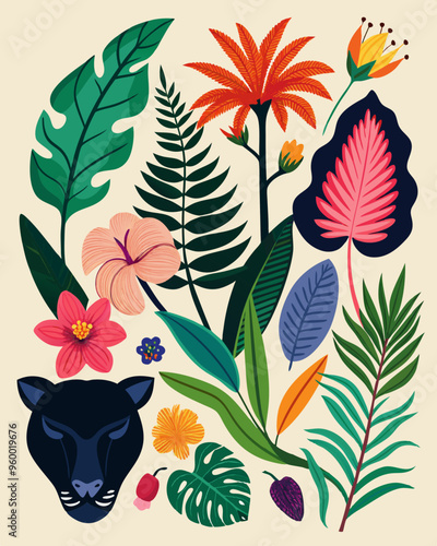 Plants and flowers.Vector image of black panther fern,tropical flowers, animals for poster,card,banner.