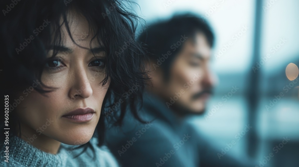 A woman looking somberly towards the camera, with her partner blurred in the background, conveying a sense of emotional distance or unresolved issues. A woman looking somberly towards the camera, with her partner blurred in the background, conveying a sense of emotional distance or unresolved issues.