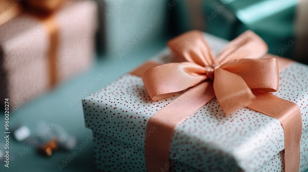A close-up of a beautifully wrapped gift in speckled paper with a peach ribbon bow, surrounded by more presents, creating a festive and celebratory mood perfect for special occasions. A close-up of a beautifully wrapped gift in speckled paper with a peach ribbon bow, surrounded by more presents, creating a festive and celebratory mood perfect for special occasions.