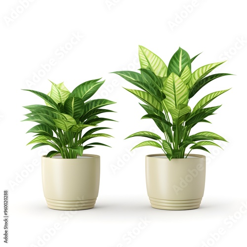 Pots with Dieffenbachia plants isolated on white. Home decor
