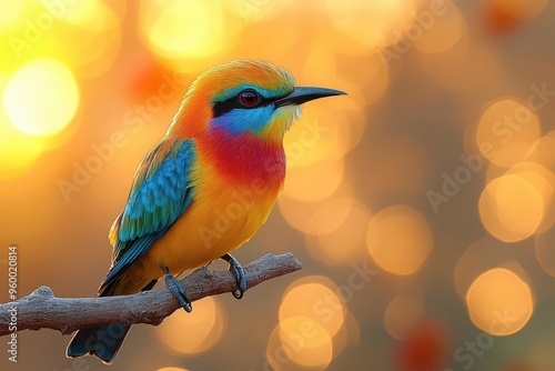 vibrant beeeater perched on gnarled branch iridescent plumage gleaming savanna backdrop soft bokeh wildlife closeup photo