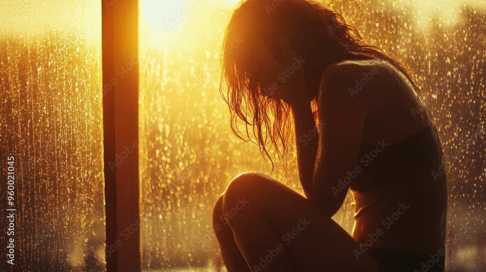 Night of sad woman cry and sits at glass window on a rainy night under lights. Night of sad woman cry and sits at glass window on a rainy night under lights.