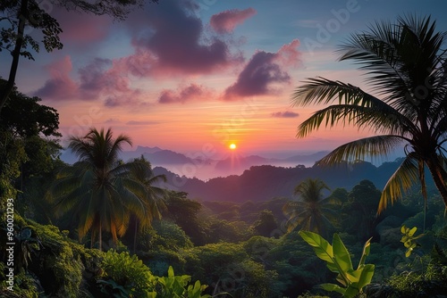 Vibrant Dawn Landscape Behind Tropical Jungle Trees