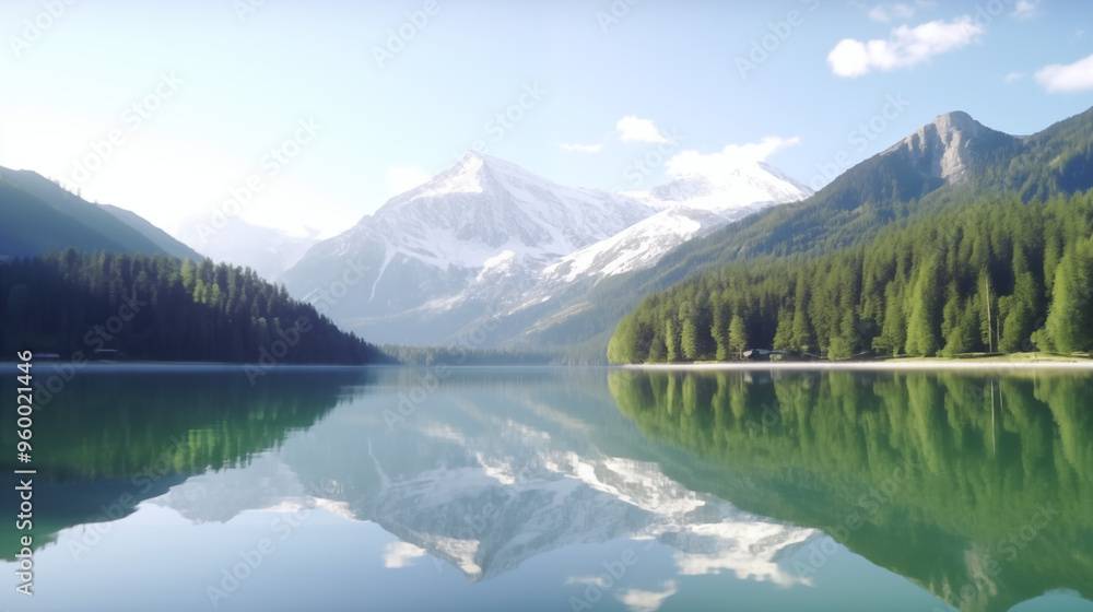 Fototapeta premium Snow-Capped Mountain Reflected in Calm Lake with Forest View