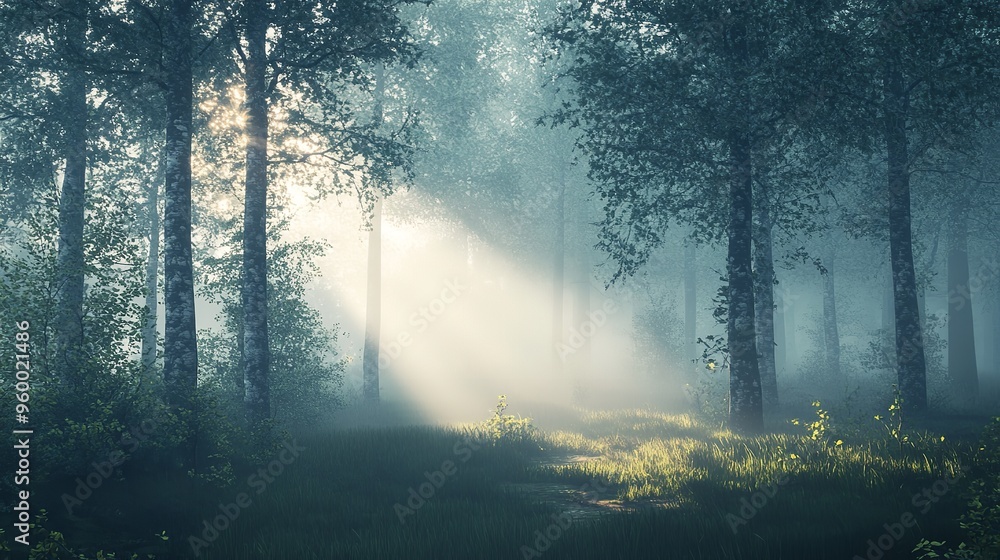 Foggy forest with shafts of light piercing through the trees, creating a dramatic and mystical atmosphere Foggy forest with shafts of light piercing through the trees, creating a dramatic and mystical atmosphere