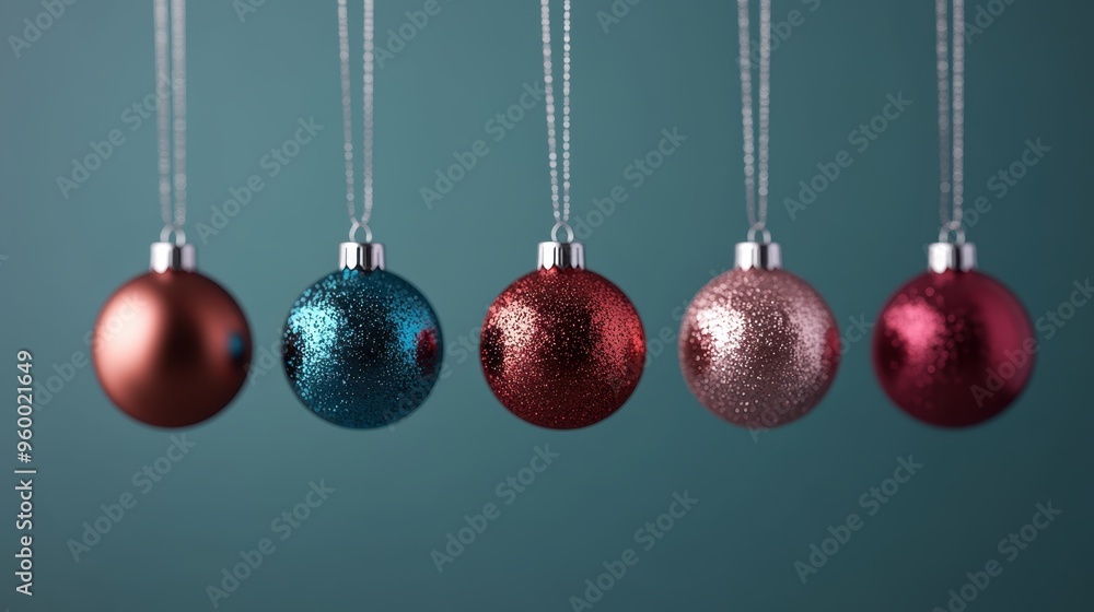 Five glittery Christmas baubles in shades of brown, blue, red, and pink hanging in a row against a neutral background, showcasing holiday decor diversity. Five glittery Christmas baubles in shades of brown, blue, red, and pink hanging in a row against a neutral background, showcasing holiday decor diversity.
