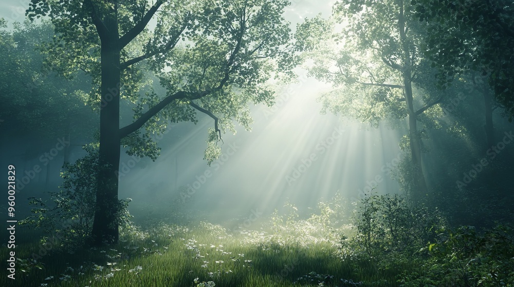 Obraz premium Foggy forest with shafts of light piercing through the trees, creating a dramatic and mystical atmosphere