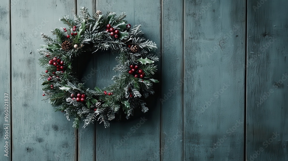 This decorative holiday wreath features evergreen branches and red berries, hung on a wooden wall. It portrays a festive spirit and rustic charm, perfect for seasonal decor. This decorative holiday wreath features evergreen branches and red berries, hung on a wooden wall. It portrays a festive spirit and rustic charm, perfect for seasonal decor.