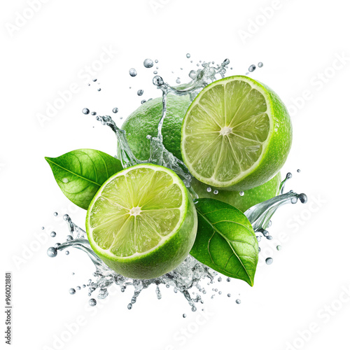 Lime transparent background limes with splash isolated on alpha layer