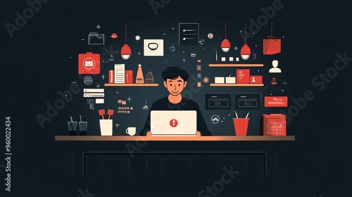 Man Working on Laptop at a Desk with Surrounding Objects