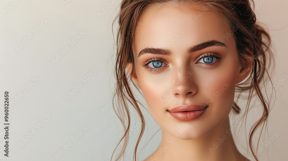 Naklejka premium Stunning Light Colored Background with Beautiful Woman: A Graceful and Alluring Vision. Showcasing Elegance and Charm.