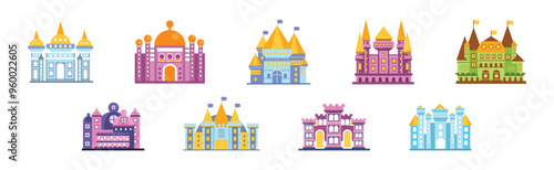 Fairytale Medieval Castle with Tower and Flags Vector Set