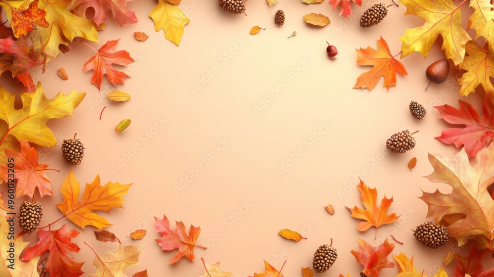 bright wreath of yellow, orange and brown maple and oak leaves with acorns bright wreath of yellow, orange and brown maple and oak leaves with acorns