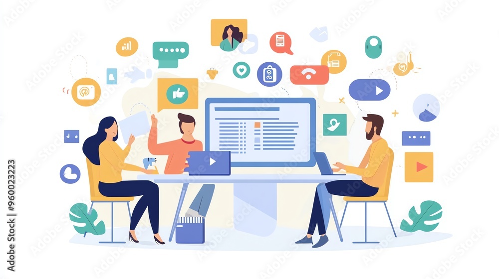 Three People Collaborating on a Project Surrounded by Digital Icons Three People Collaborating on a Project Surrounded by Digital Icons
