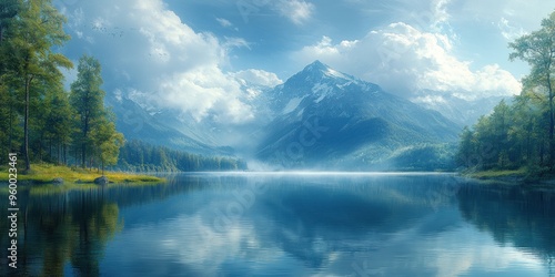 Tranquil Lake Surrounded by Lush Green Trees and Majestic Mountains