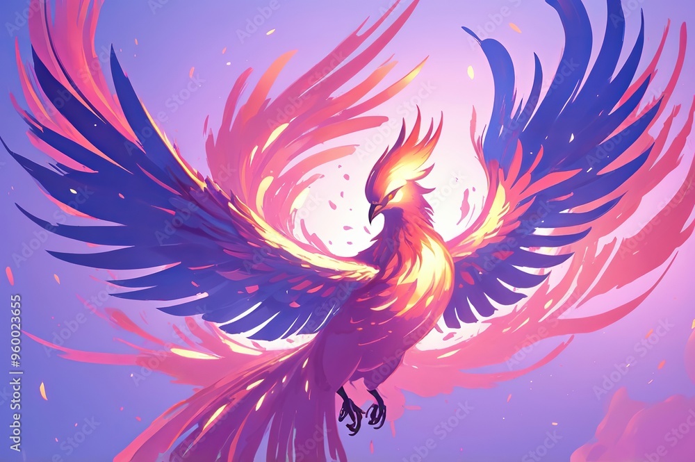 Fototapeta premium Neon Phoenix ink brushstroke painting illustration. Made with generative AI technology