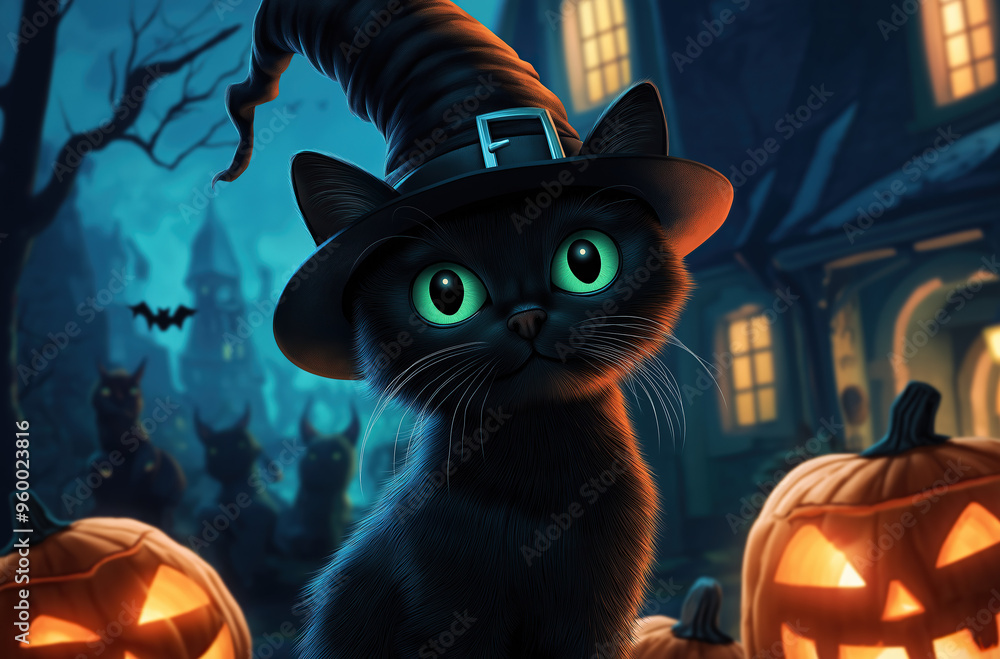 Black cat with witch hat. Halloween concept. Black cat with witch hat. Halloween concept.