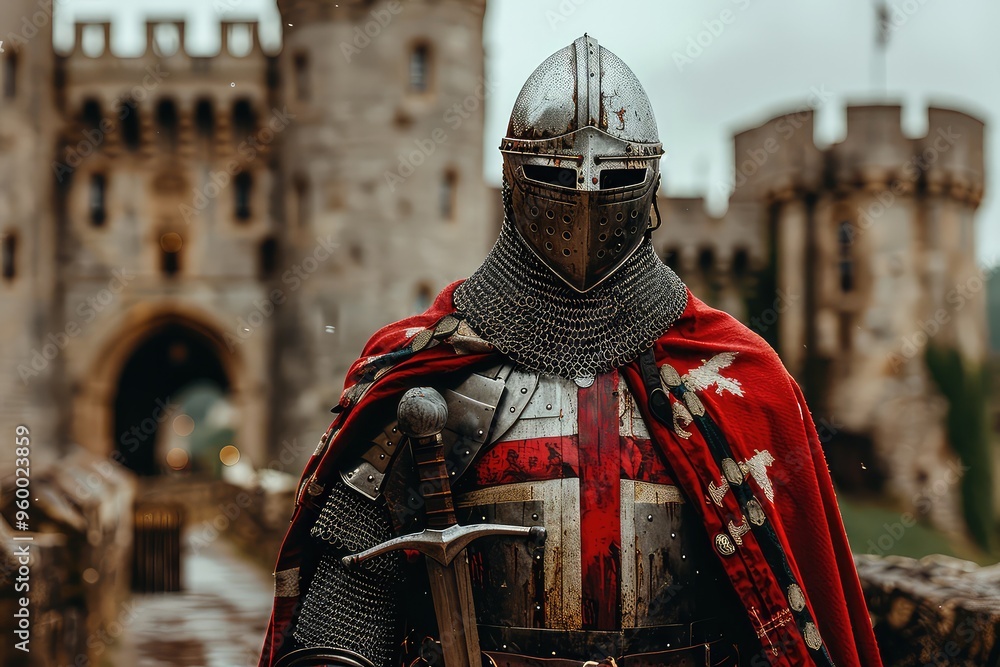 Medieval knight in steel armor against the background of castle walls. Against the backdrop of castle walls, a knight dons his steel armor, a warrior prepared for battle. Medieval knight in steel armor against the background of castle walls. Against the backdrop of castle walls, a knight dons his steel armor, a warrior prepared for battle.