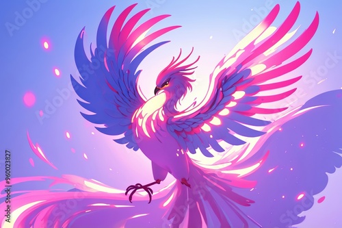 Neon Phoenix ink brushstroke painting illustration. Made with generative AI technology
