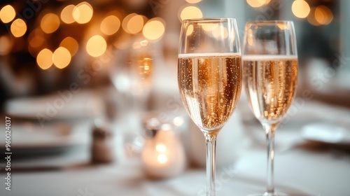 Champagne glasses filled with a sparkling beverage are the focus, with a blurred festive background creating a warm and celebratory ambiance, showing elegance.