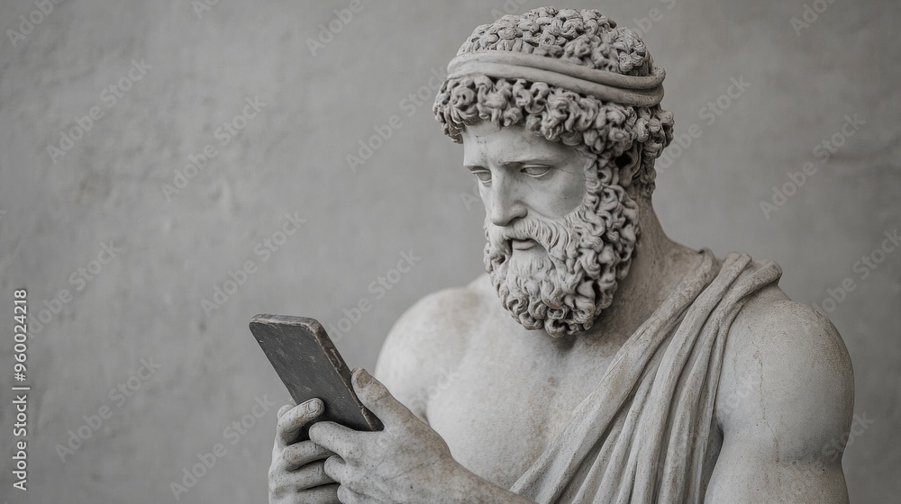 Fototapeta premium Ancient Greek God Sculpture Holding Smartphone: Classical Art Meets Modern Tech, Doomscrolling & Mental Health Awareness
