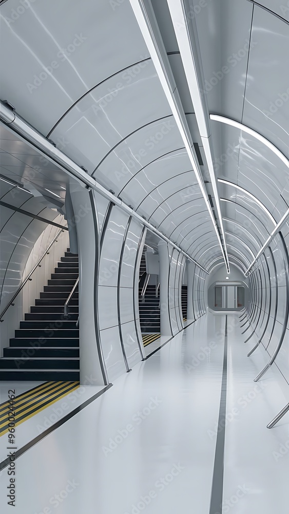 Fototapeta premium White metro subway underground tunnel interior with stairs. Transport concept. 3D Rendering