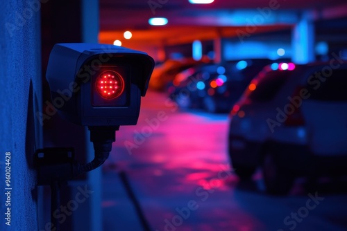 Close-up of a thermal imaging camera with red infrared lights in a parking garage photo