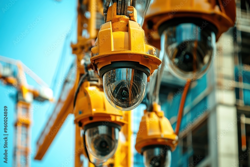 Surveillance cameras monitoring a construction site with cranes in the background Surveillance cameras monitoring a construction site with cranes in the background