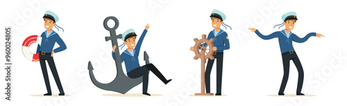 Man Sailor Character in Striped Blue Shirt and Cap Vector Set