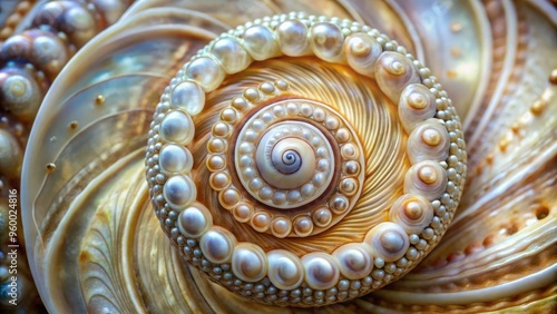 Intricate, swirling patterns adorn the outer surface of a delicate, pearly mollusk shell, showcasing nature's artistry in mesmerizing, high-contrast macro detail. photo