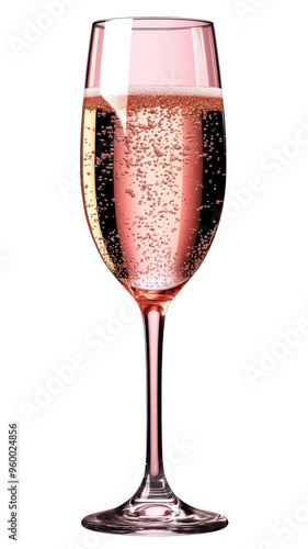 Elegant glass of sparkling rose wine with vibrant bubbles, perfect for celebrations and special occasions. Isolated on white background.