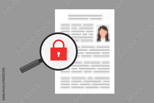 File with blurred personal data, and magnifier with icon of padlock