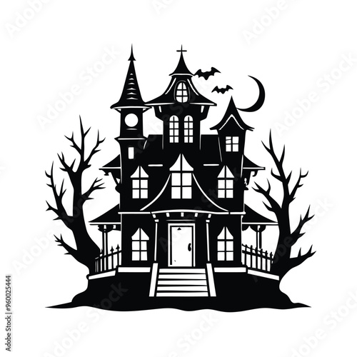 black silhouette of a haunted house isolated on white background