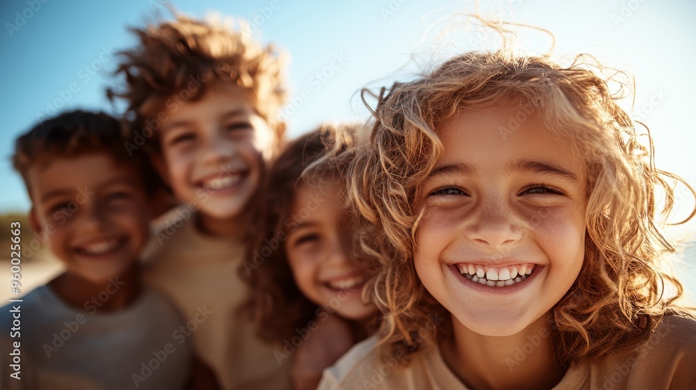 A group of cheerful children with curly hair, smiling and laughing joyfully together under a clear blue sky, conveying a sense of friendship and happiness. A group of cheerful children with curly hair, smiling and laughing joyfully together under a clear blue sky, conveying a sense of friendship and happiness.