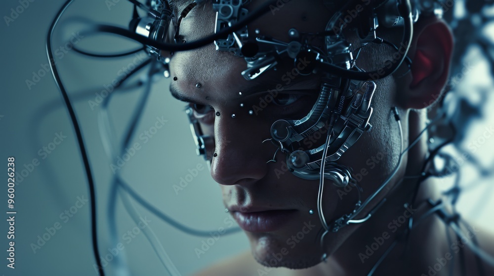 A portrait of a man with cybernetic implants and an array of wires extending from his face. The image captures the fusion of human and technology, presenting a futuristic vision of advanced cybernetic A portrait of a man with cybernetic implants and an array of wires extending from his face. The image captures the fusion of human and technology, presenting a futuristic vision of advanced cybernetic