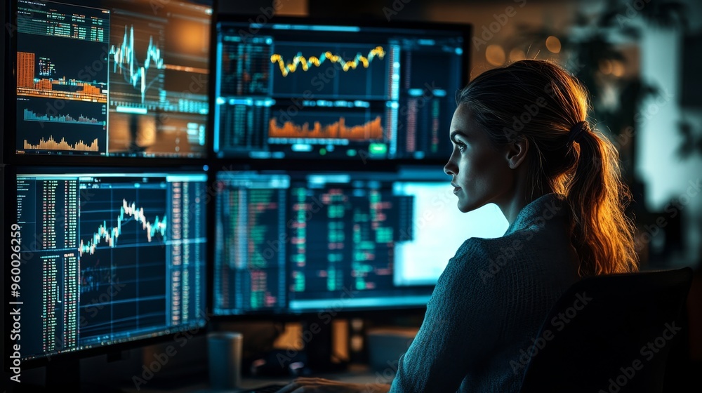 Woman Analyzing Stock Market Data on Multiple Screens Woman Analyzing Stock Market Data on Multiple Screens