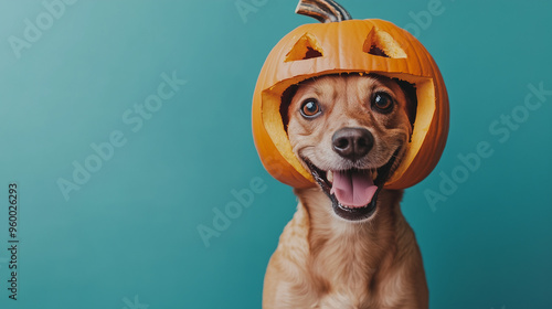 Happy dog ​​on blue background wearing helmet carved from pumpkin as humorous halloween costume,copy space. photo