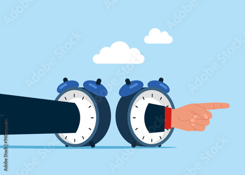 Work deadline or time management. Arm moves into clock to the future. Time travel to the future. Flat modern vector illustration.