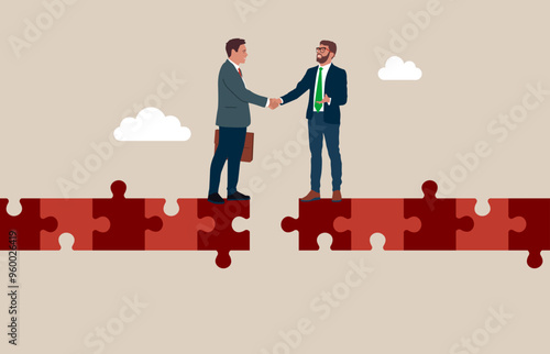 Business merger and acquisition with businessmen shaking hands connect puzzle bridge, end of negotiation, success. Modern vector illustration in flat style
