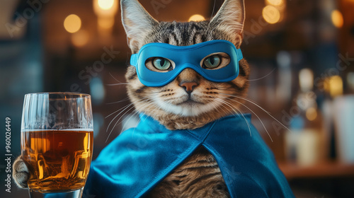 Superhero cat, scotch whiskey with blue cape and mask. Superhero concept. photo