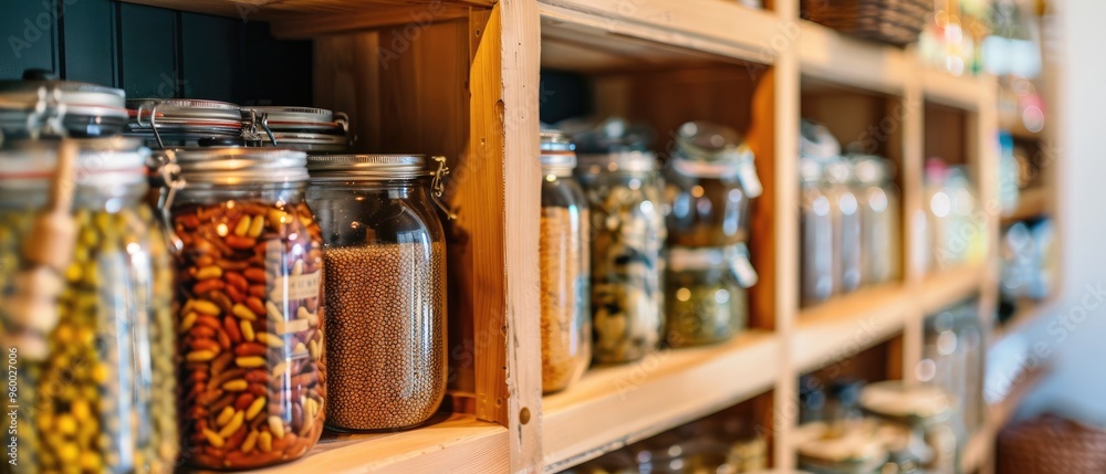 Organized pantry with glass jars filled with dried ingredients, creating a sense of abundance and homemade comfort Organized pantry with glass jars filled with dried ingredients, creating a sense of abundance and homemade comfort