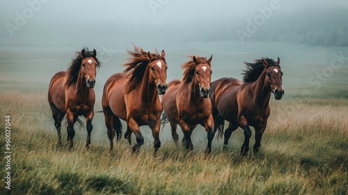 Four Horses Running Through a Field