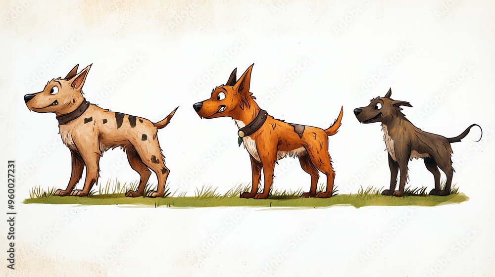Three animated dogs of different breeds standing in a line on a grass field, each displaying unique colors and expressions.